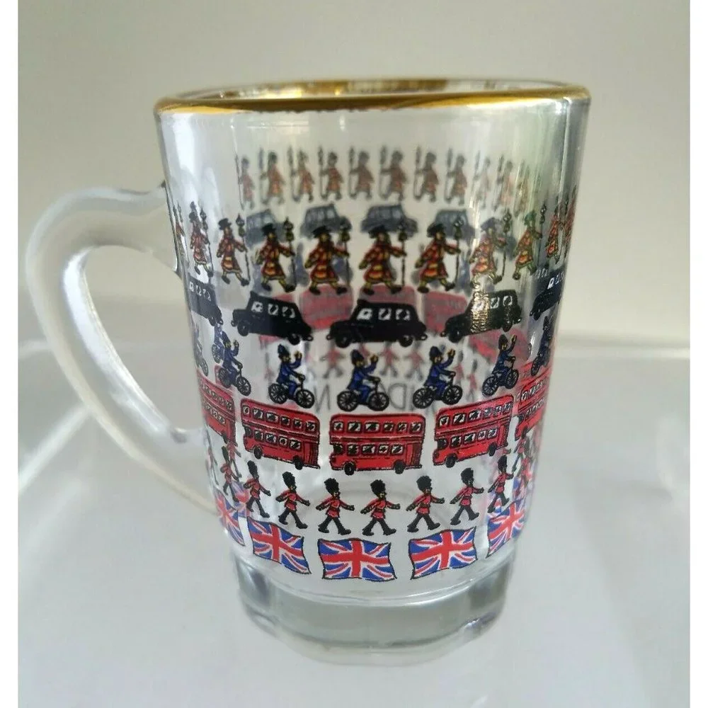 Vintage London Double Shot Glass with Handle Gold trim Double Decker Bus Flag +